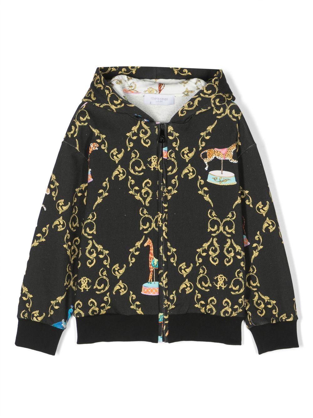 Roberto Cavalli Junior 图案印花拉链连帽衫 - 黑色
