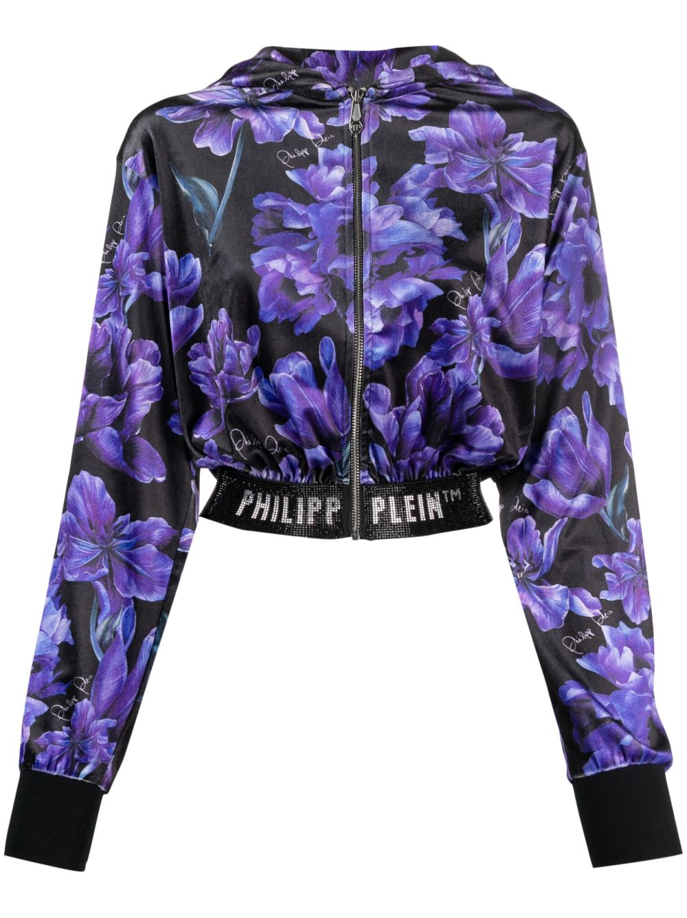 Philipp Plein 花卉印花短款连帽衫 - 黑色