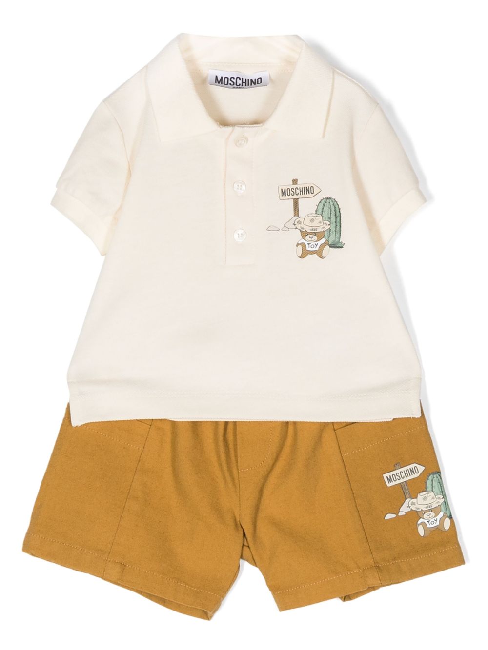 Moschino Kids logo印花polo领短裤套装 - 褐色