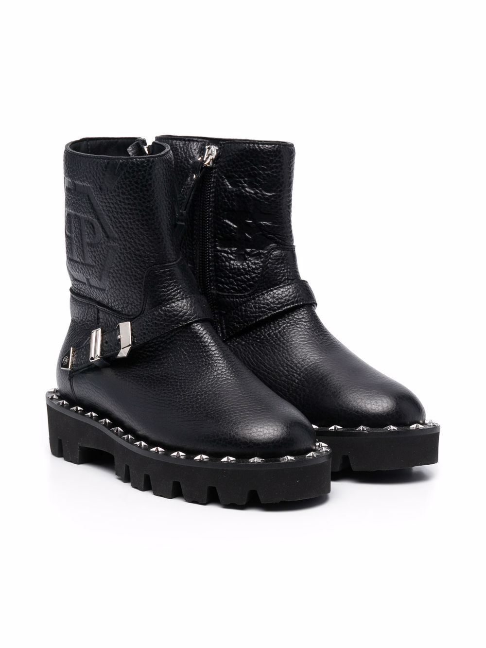 Philipp Plein Junior 经典logo凹面压花机车短靴 - 黑色