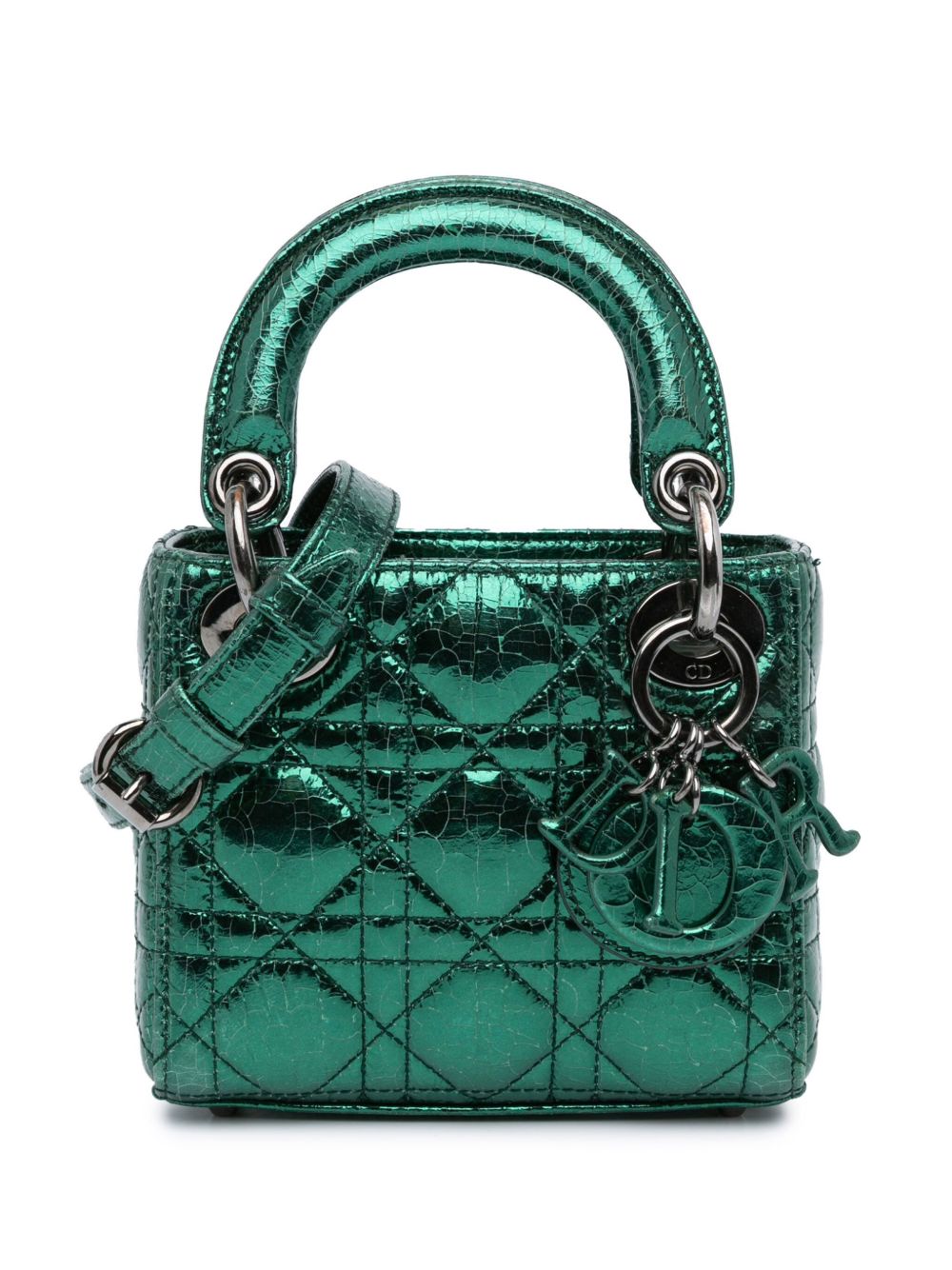 Christian Dior Pre-Owned Cannage Lady Dior 迷你金属感褶皱小牛皮斜挎包（2019年典藏款） - 绿色