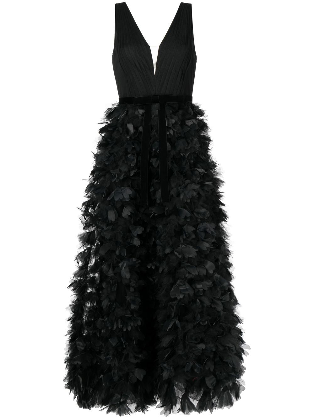 Marchesa Notte 深V领荷叶边礼服 - 黑色