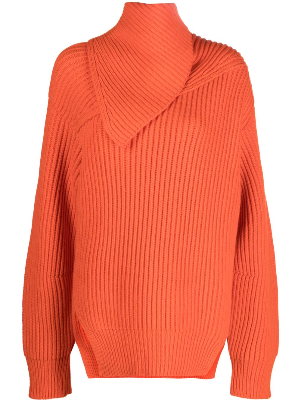 Jil Sander 褶饰领罗纹羊毛毛衣 - 橘色