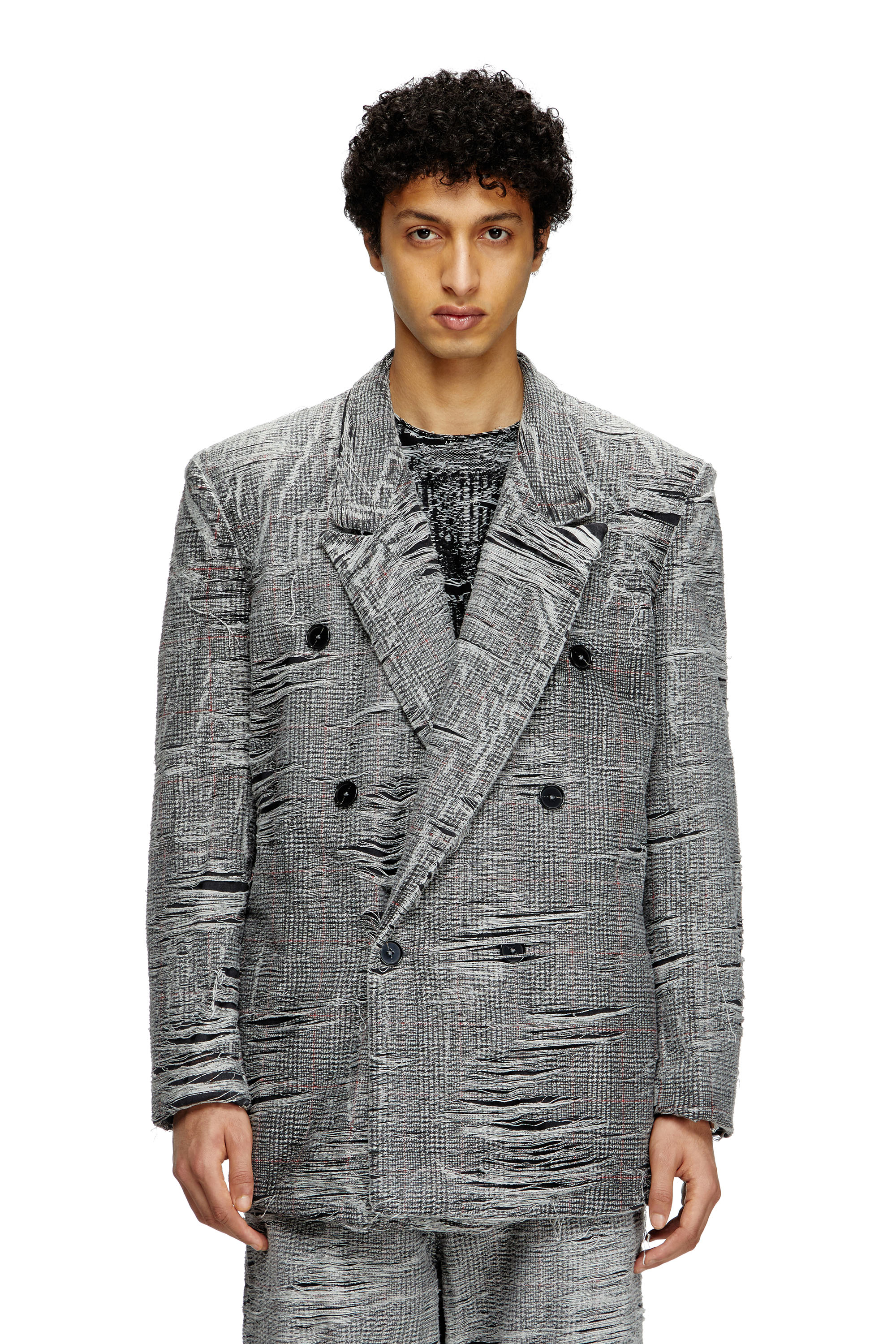 Diesel - Blazer in distressed Prince of Wales denim - Denim Jackets - Man - Grey