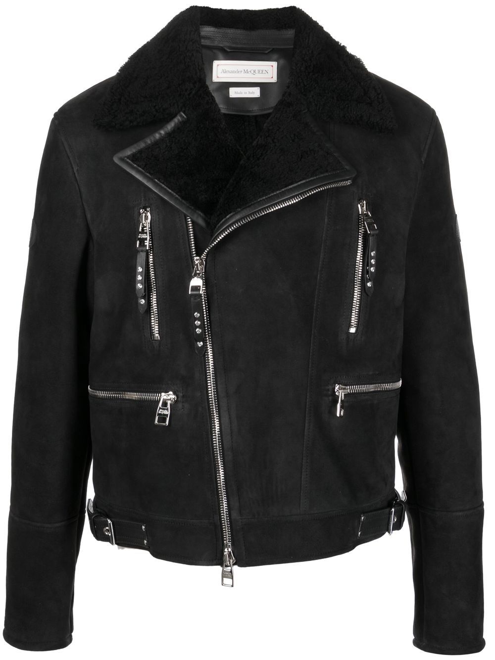 Alexander McQueen logo贴花皮毛一体机车夹克 - 黑色