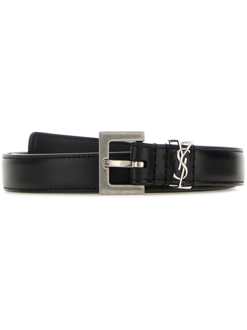 Saint Laurent Cassandre 窄款皮质腰带 - 黑色