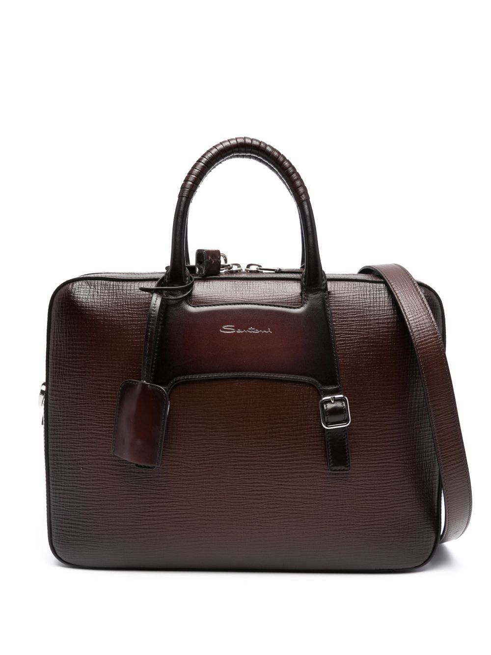 Santoni 压纹logo皮质公文包 - 褐色