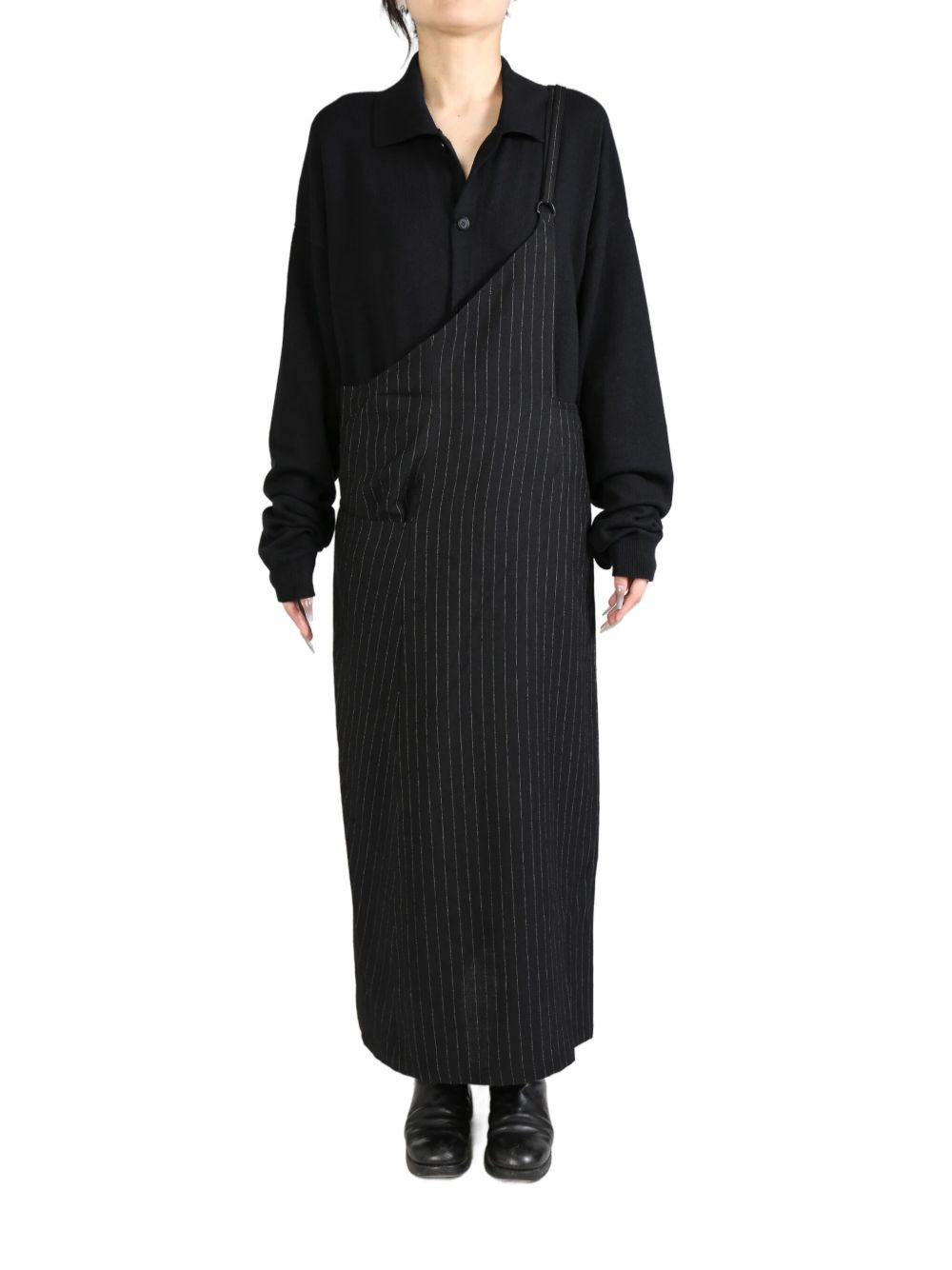 Y's pinstripe asymmetric dress - 黑色