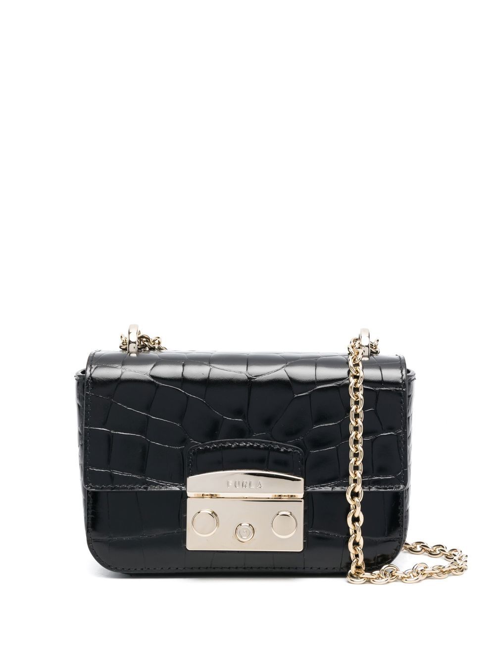 Furla 仿鳄鱼纹搭链斜挎包 - 黑色