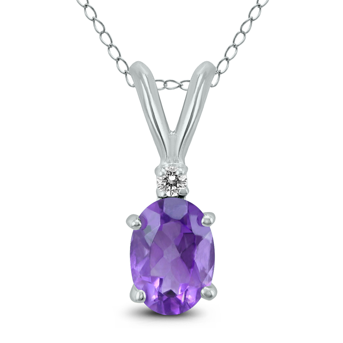 14K White Gold 7x5MM Oval Amethyst and Diamond Pendant