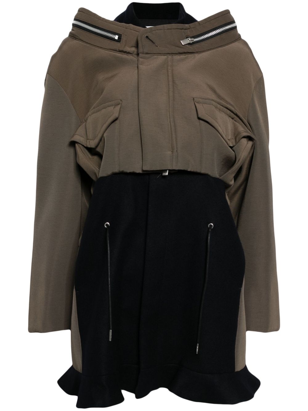 sacai Grosgrain bonding x 羊毛麦尔登连衣裙 - 褐色