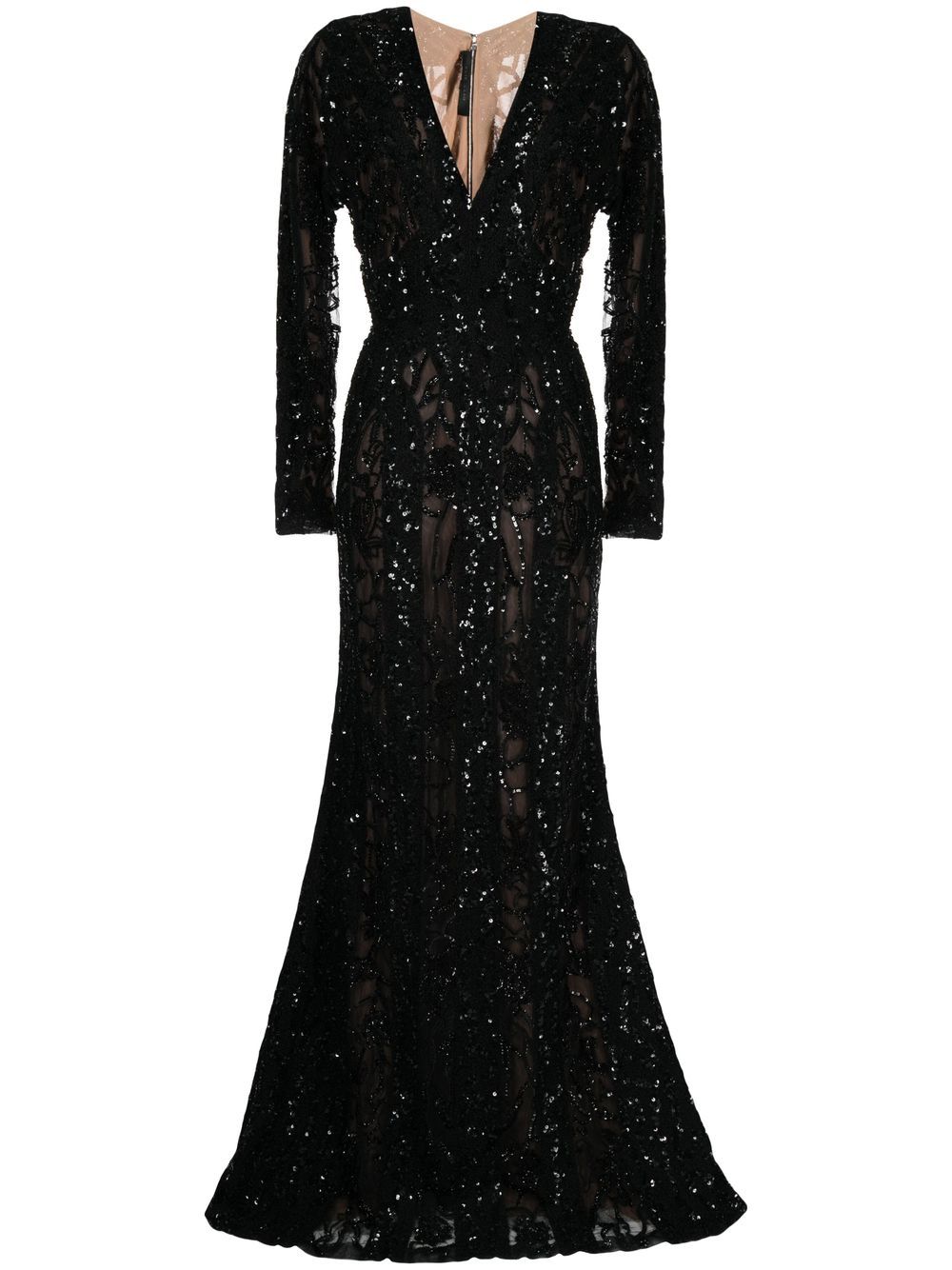 Elie Saab 亮片长袖鱼尾礼服 - 黑色