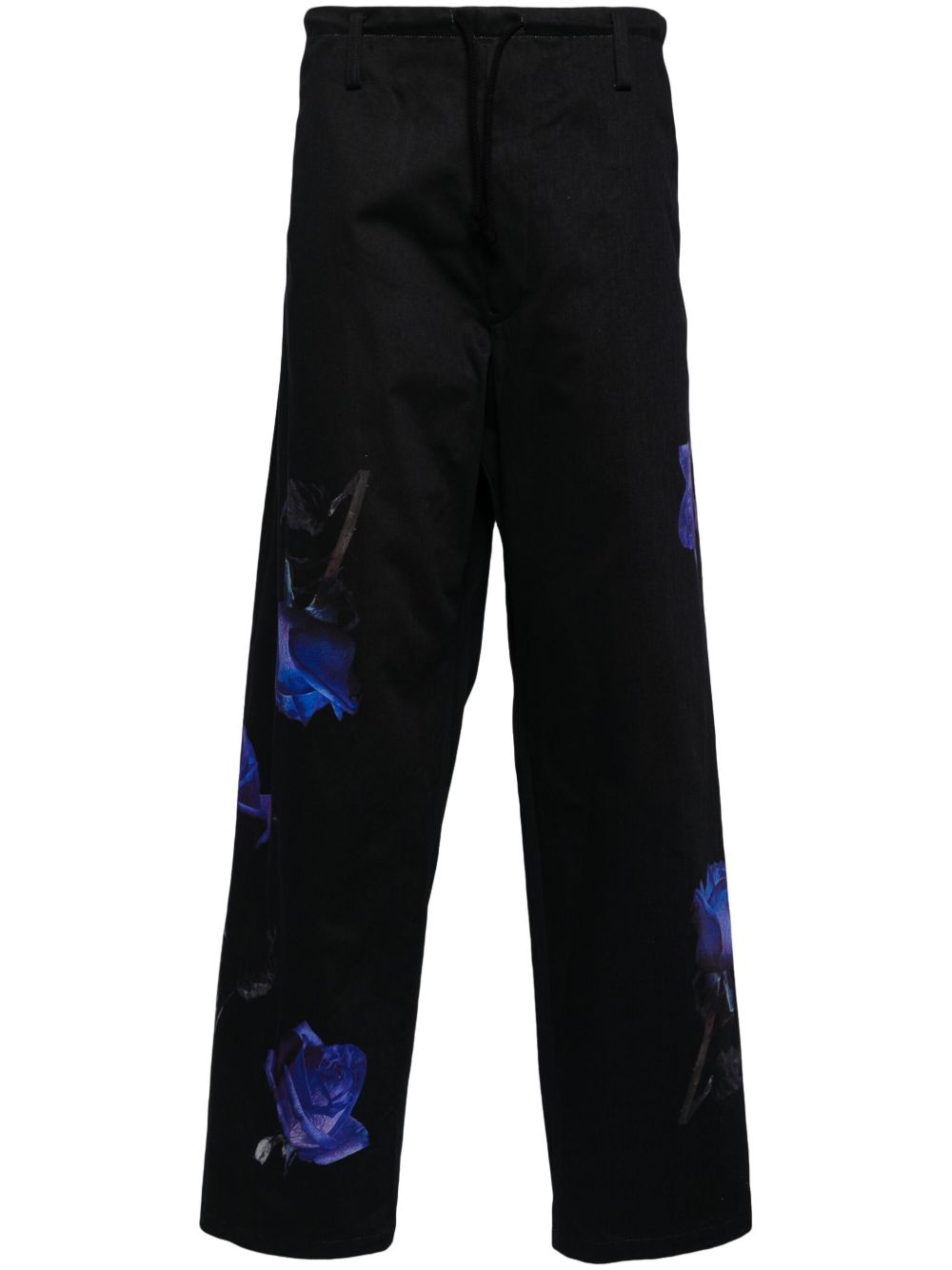 Yohji Yamamoto 玫瑰印花棉阔腿裤 - 黑色