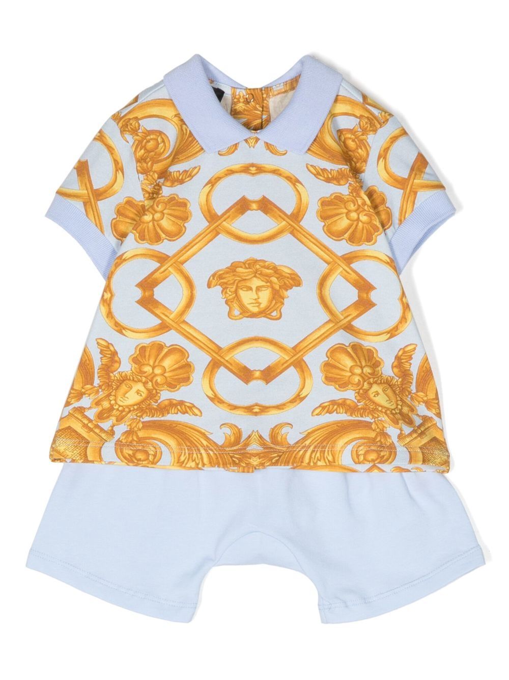 Versace Kids 巴洛克印花连体短裤套装 - 蓝色