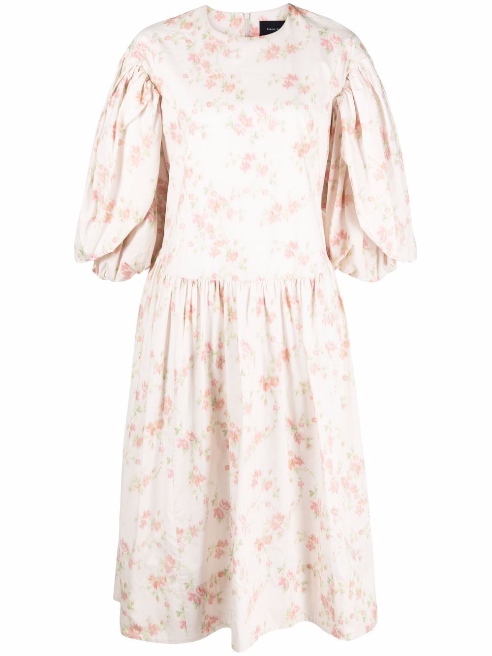 Simone Rocha 花卉印花泡泡袖中长连衣裙 - 中性色