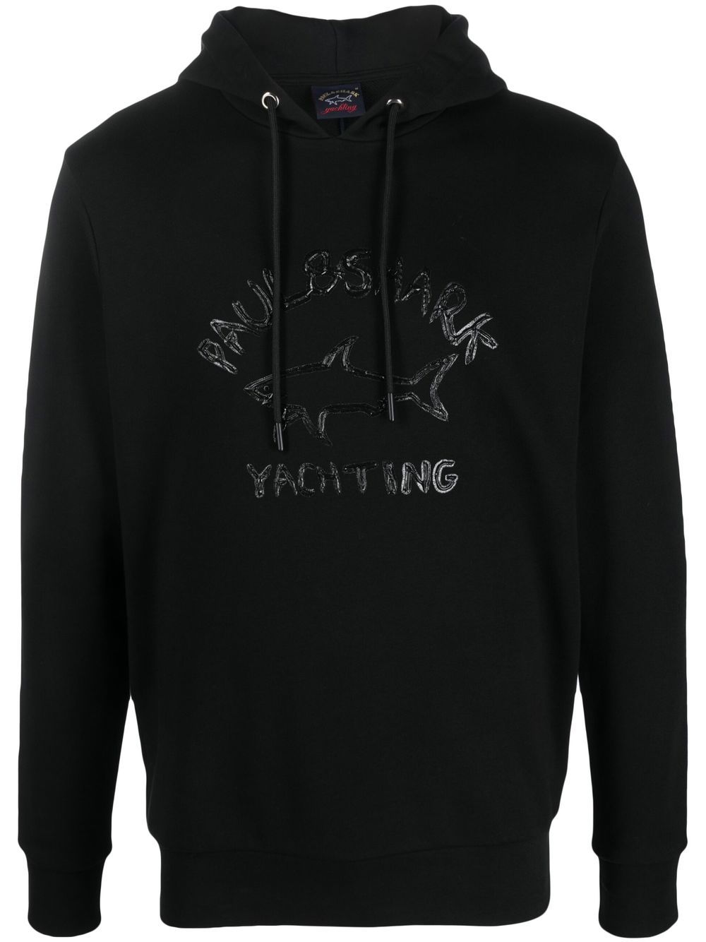 Paul & Shark logo印花抽绳连帽衫 - 黑色