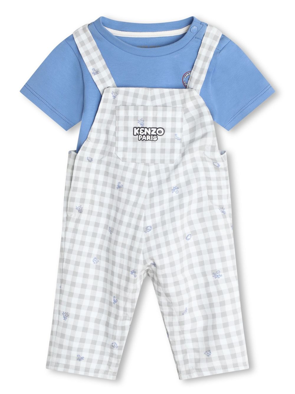 Kenzo Kids 格纹棉背带裤套装 - 蓝色