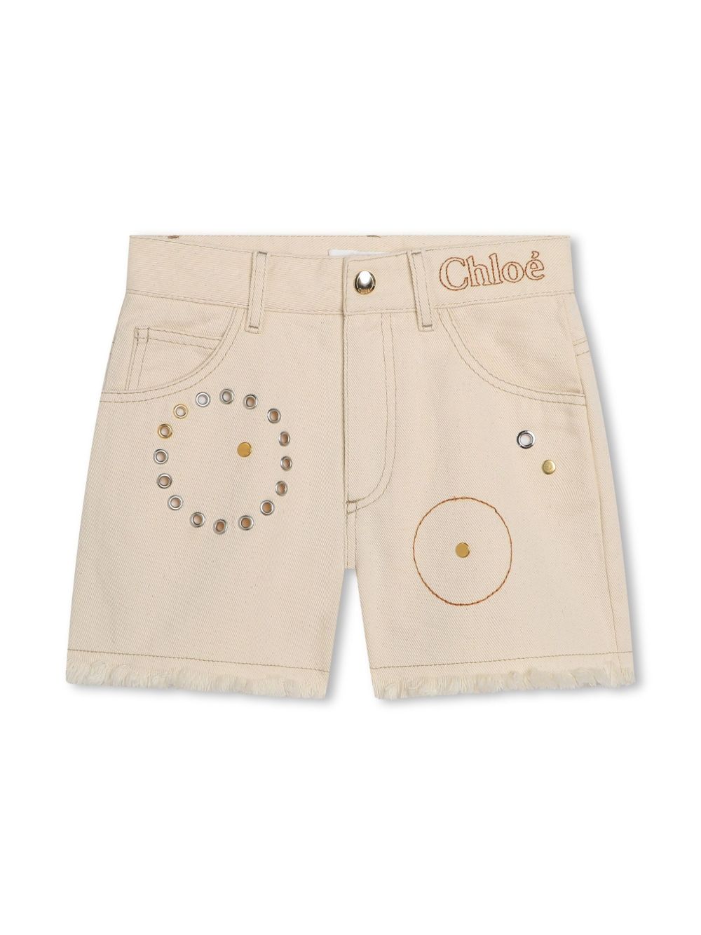 Chloé Kids 孔眼细节棉牛仔短裤 - 中性色