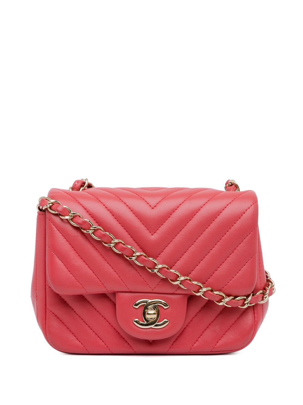 CHANEL Pre-Owned Classic Flap 迷你方形小羊皮人字纹图案斜挎包（2017-2018年典藏款） - 红色