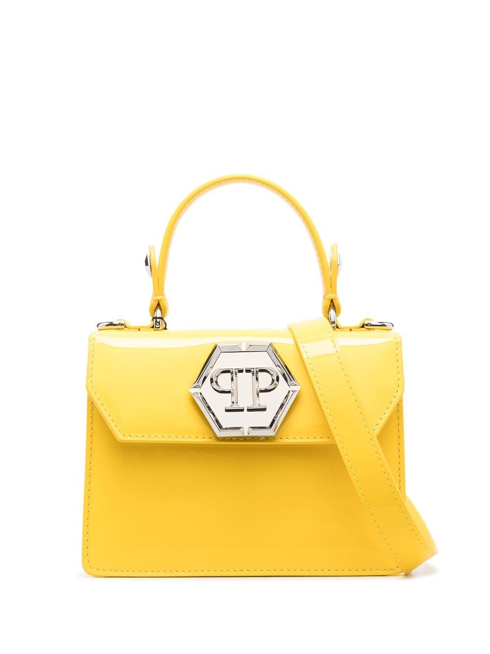 Philipp Plein logo标牌漆皮手提包 - 黄色