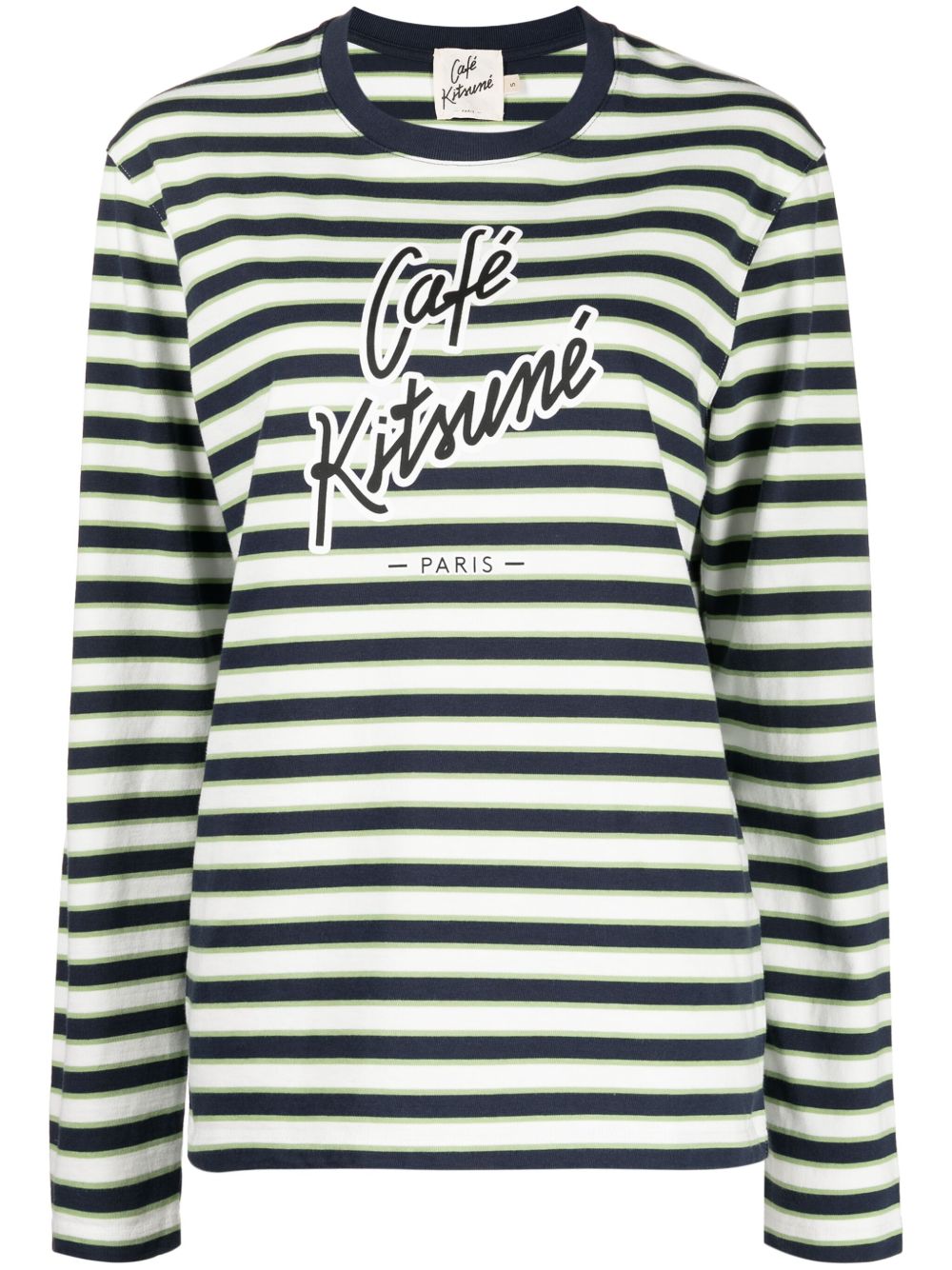 CAFÉ KITSUNÉ logo印花条纹棉T恤 - 绿色