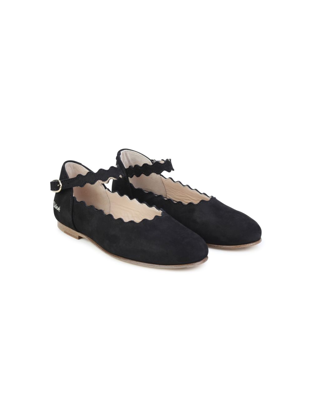 Chloé Kids 扇贝边皮质芭蕾平底鞋 - 黑色