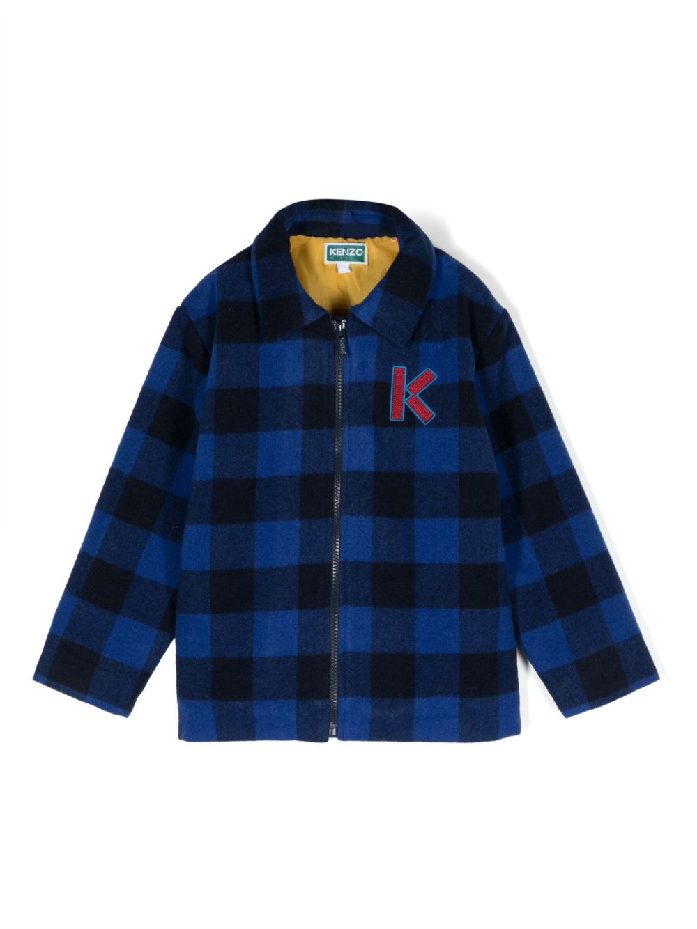 Kenzo Kids logo刺绣格纹羊毛夹克 - 蓝色