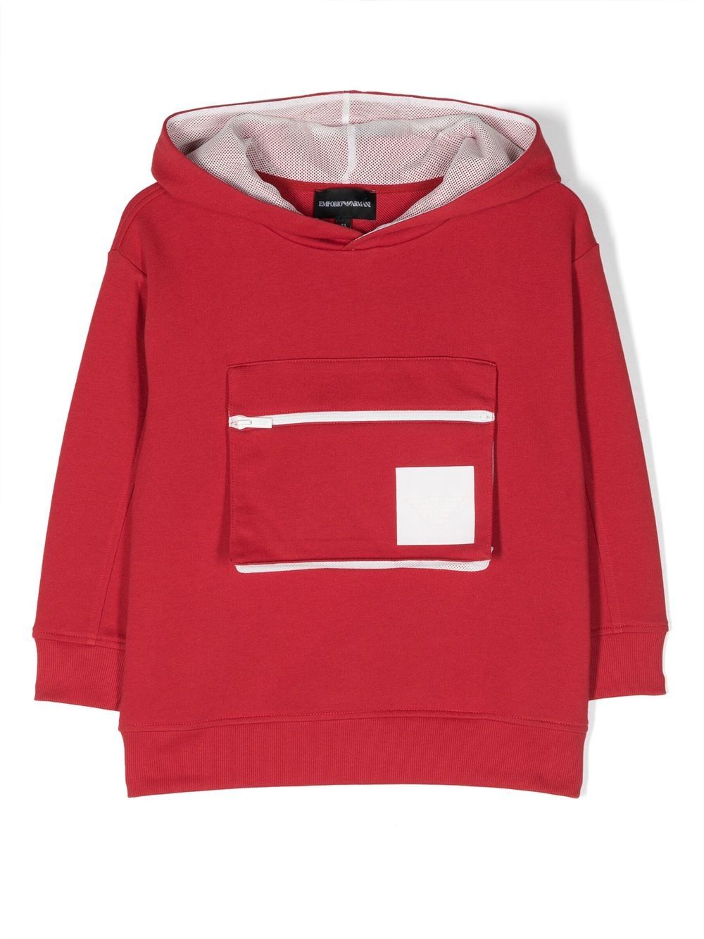 Emporio Armani Kids 拉链口袋棉连帽衫 - 红色