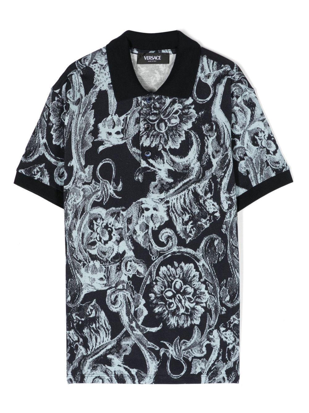 Versace Kids 巴洛克印花珠地布编织polo衫 - 蓝色