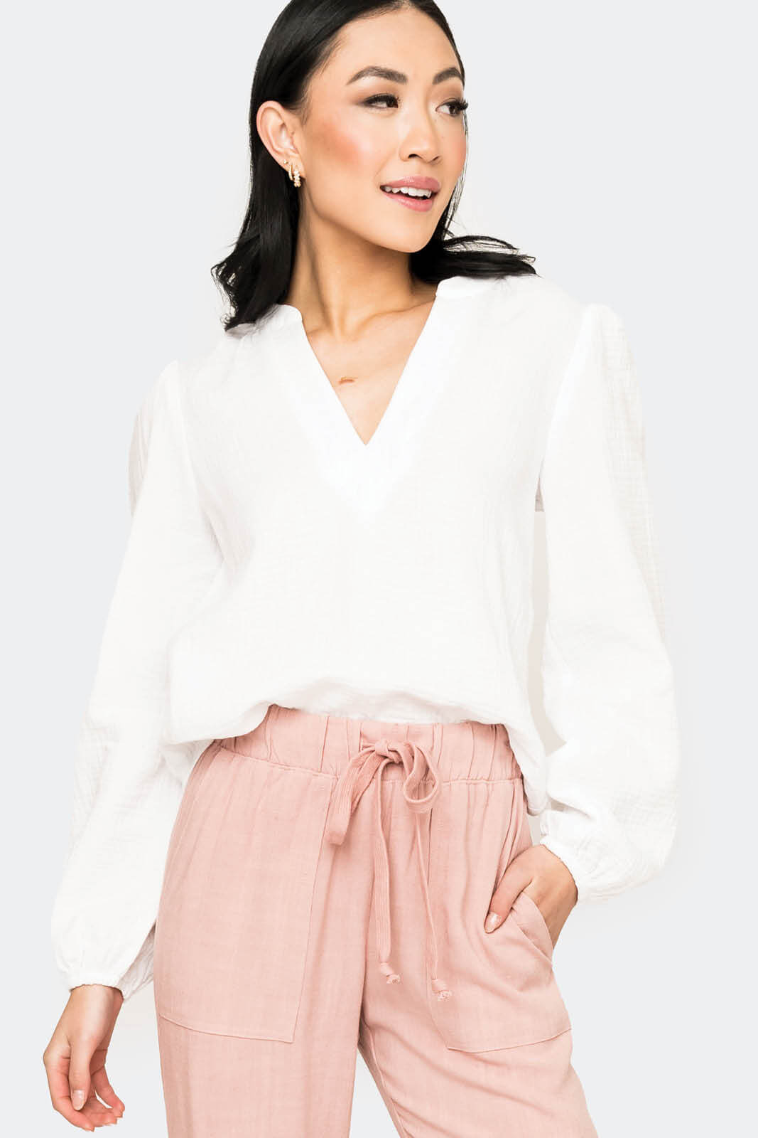 Meadow Bracelet Sleeve V-Neck Gauze Top - Off White XXL