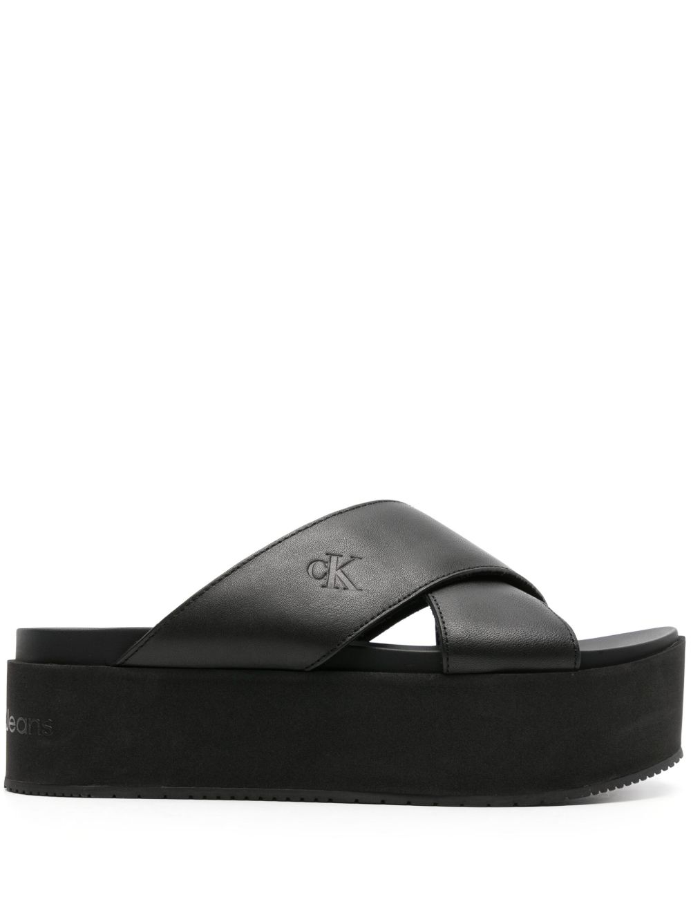 Calvin Klein Jeans 凹面壓花 logo 厚底拖鞋 - 黑色