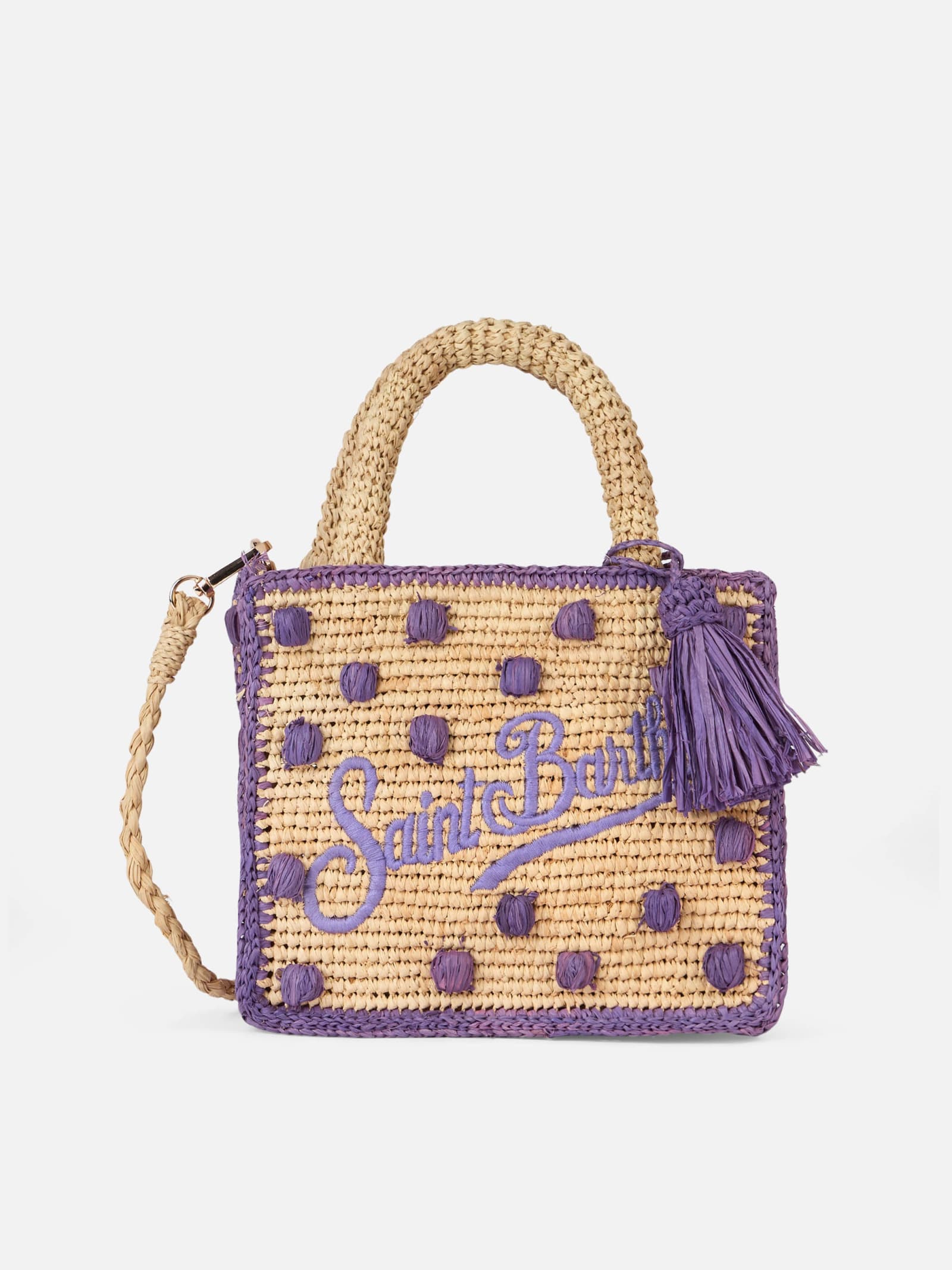 MC2 Saint Barth Beige Natural Mini Vanity Raffia Bag With Polka Dot Appliqués