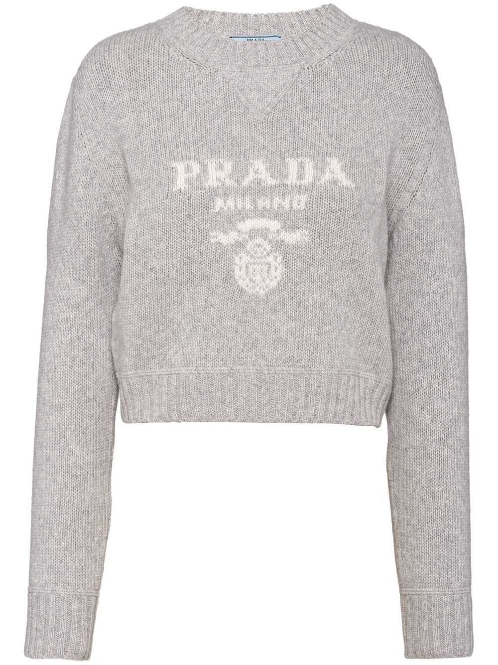 Prada logo嵌花羊绒毛衣 - 灰色