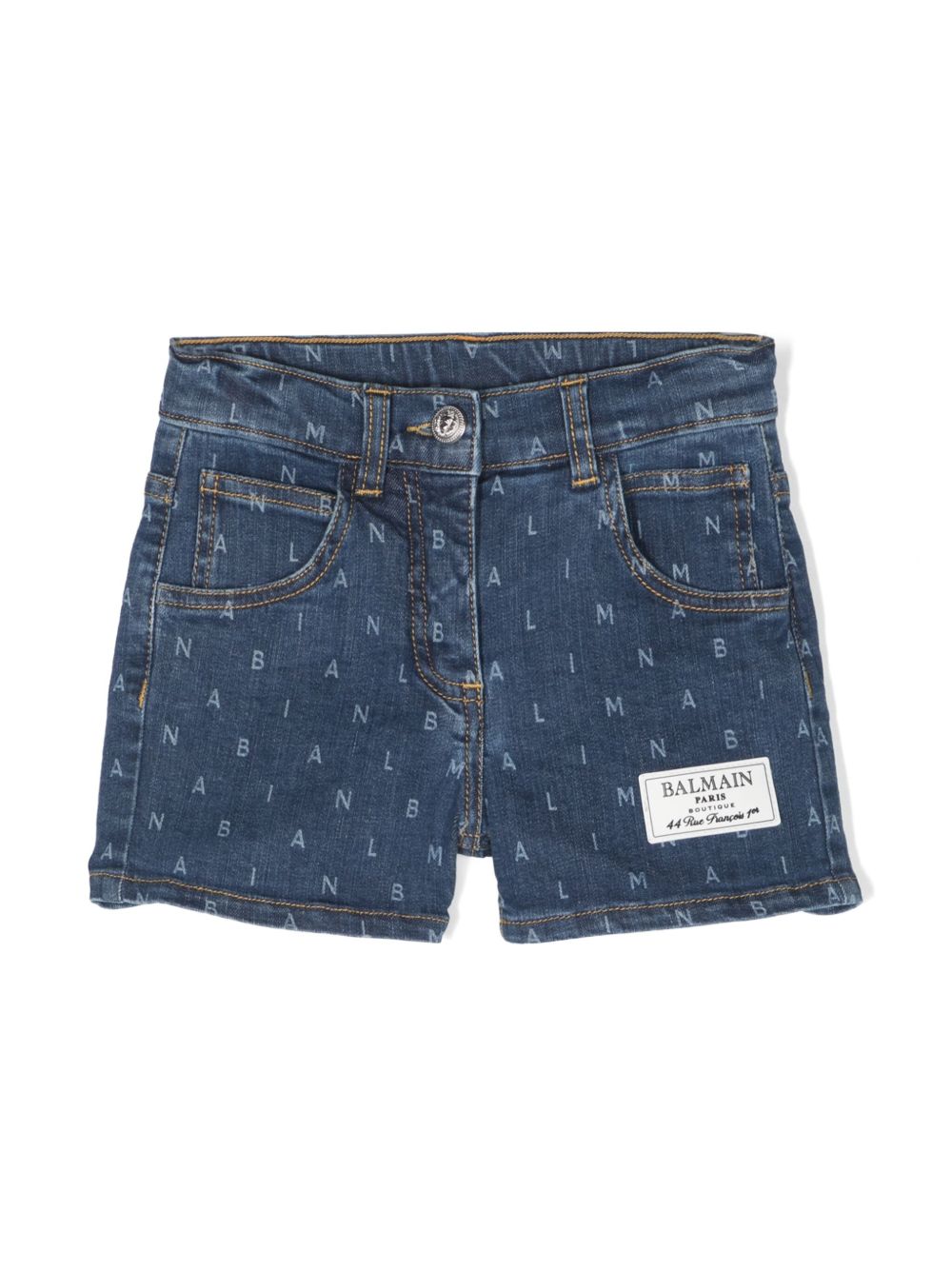 Balmain Kids logo字母牛仔短裤 - 蓝色