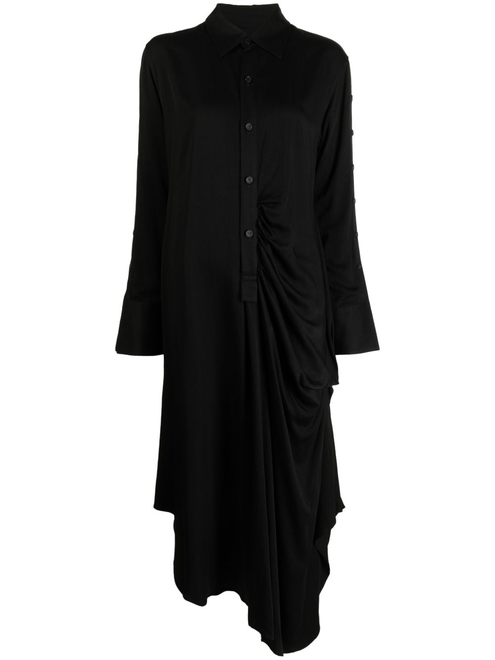 Yohji Yamamoto 长袖垂坠中长衬衫裙 - 黑色