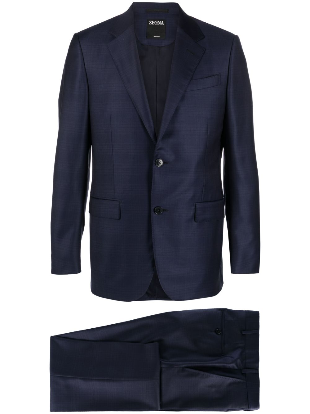 Zegna 单排扣羊毛格纹西装套装 - 蓝色