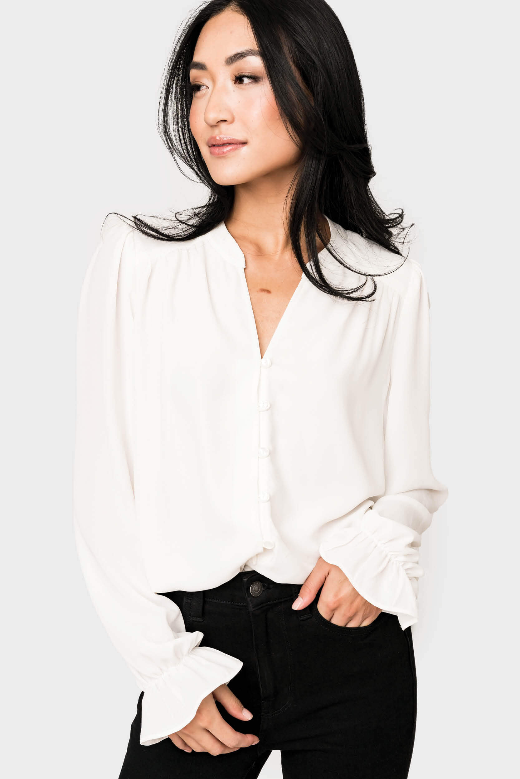 Long Sleeve Blouse with Ruffled Cuff - Off White M