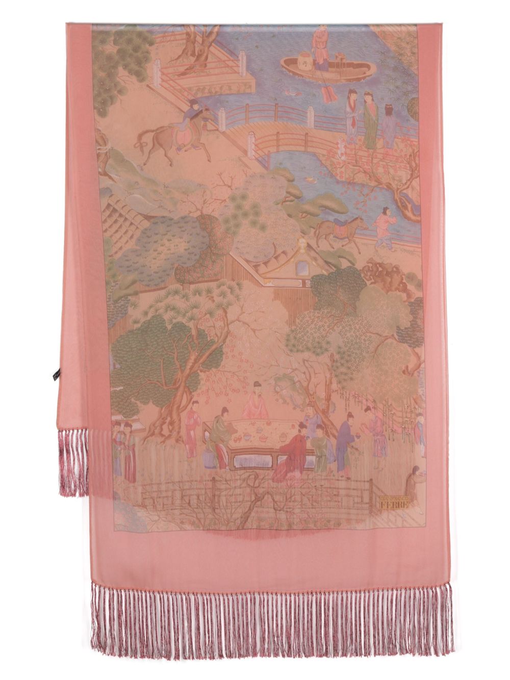 Gianfranco Ferré Pre-Owned 图案印花流苏真丝围巾 - 粉色