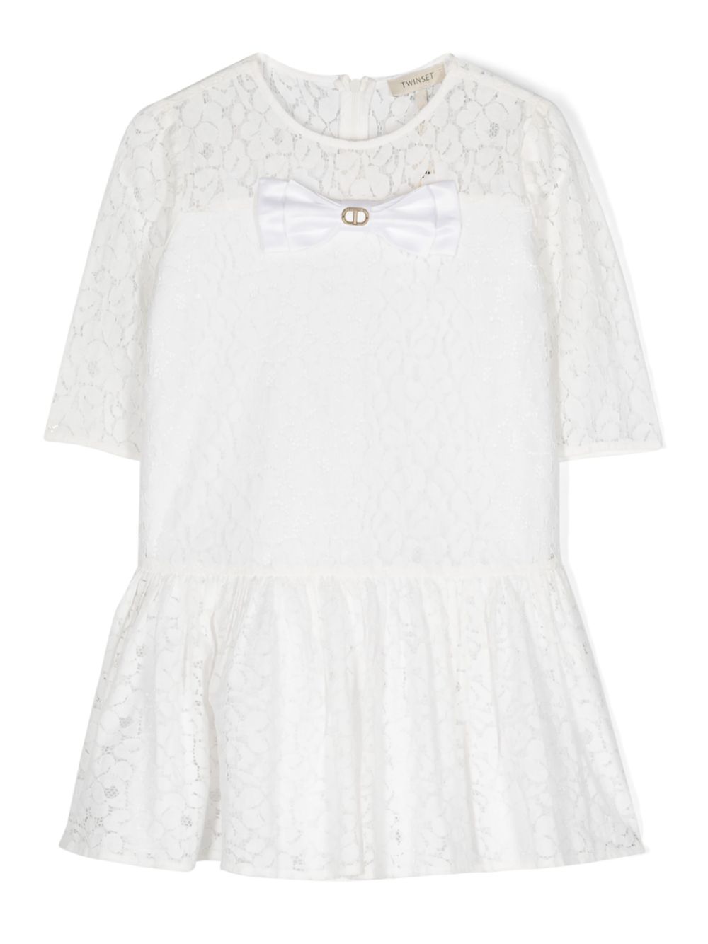 TWINSET Kids 蝴蝶结细节蕾丝中长连衣裙 - 白色