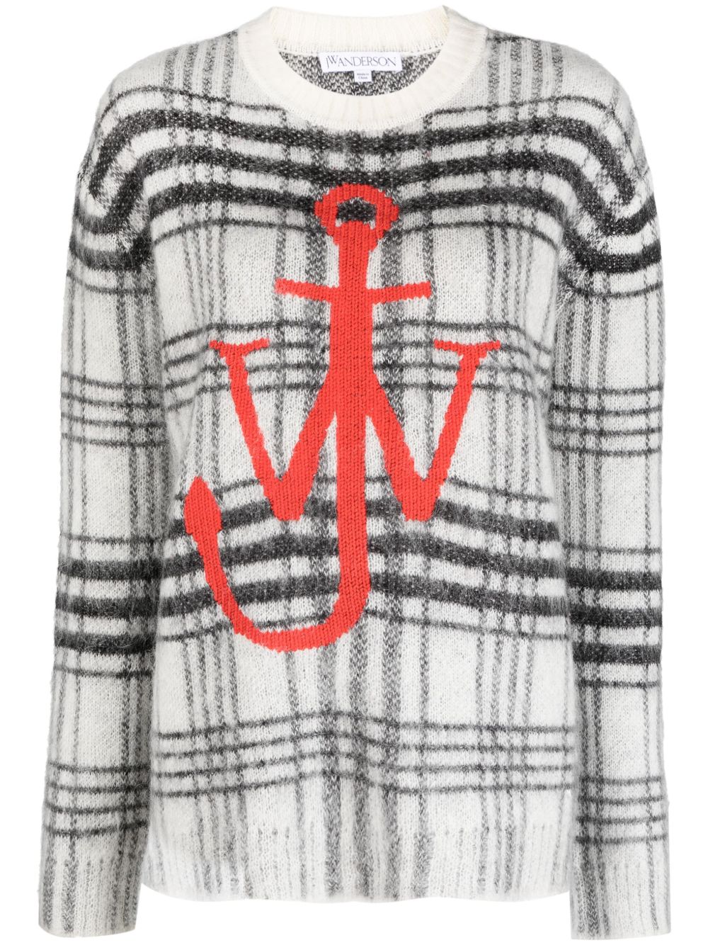 JW Anderson logo刺绣格纹图案毛衣 - 白色