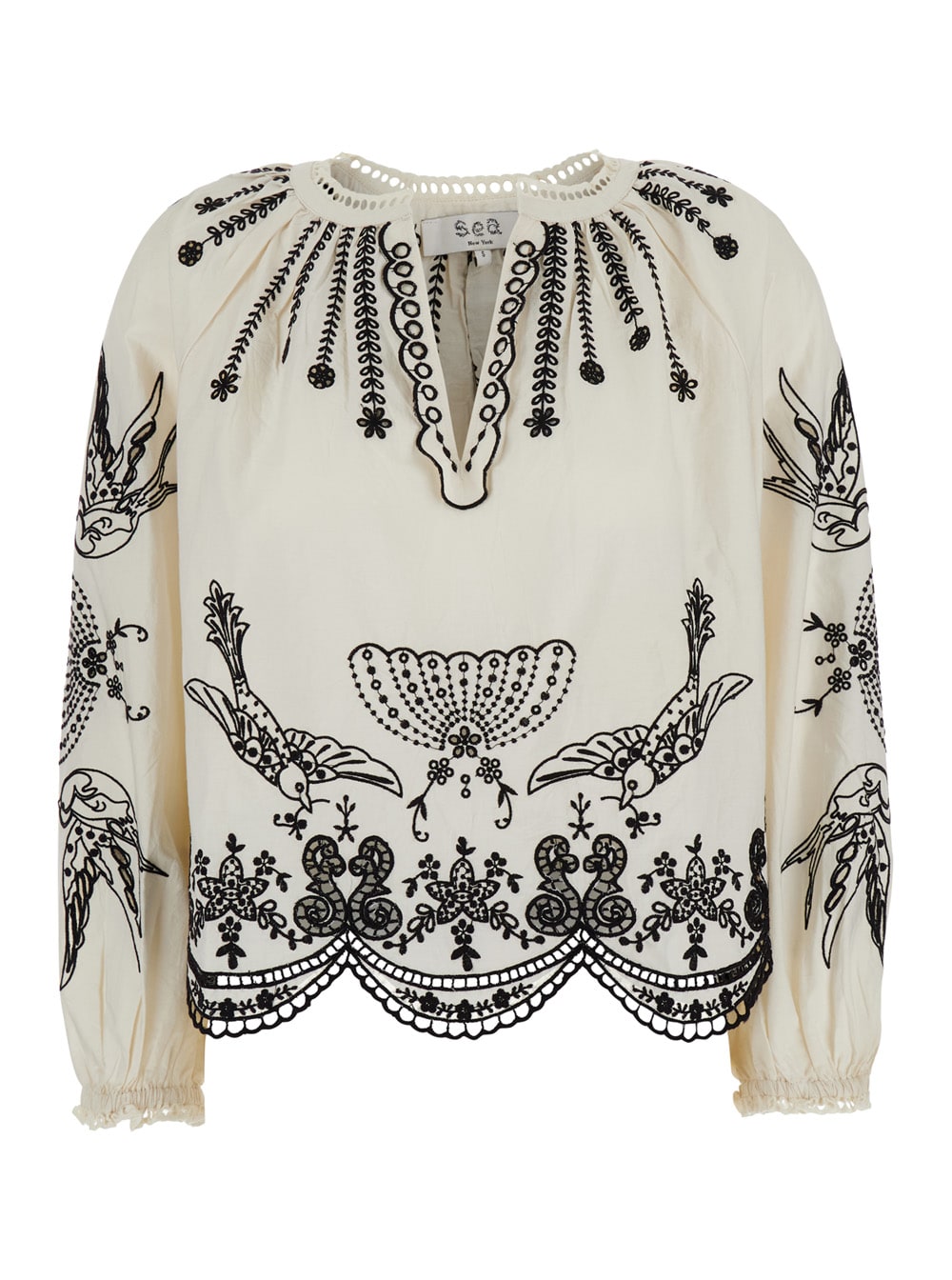 Sea New York White Blouse With V Neck And All-over Kingsley Embroidery In Cotton Woman