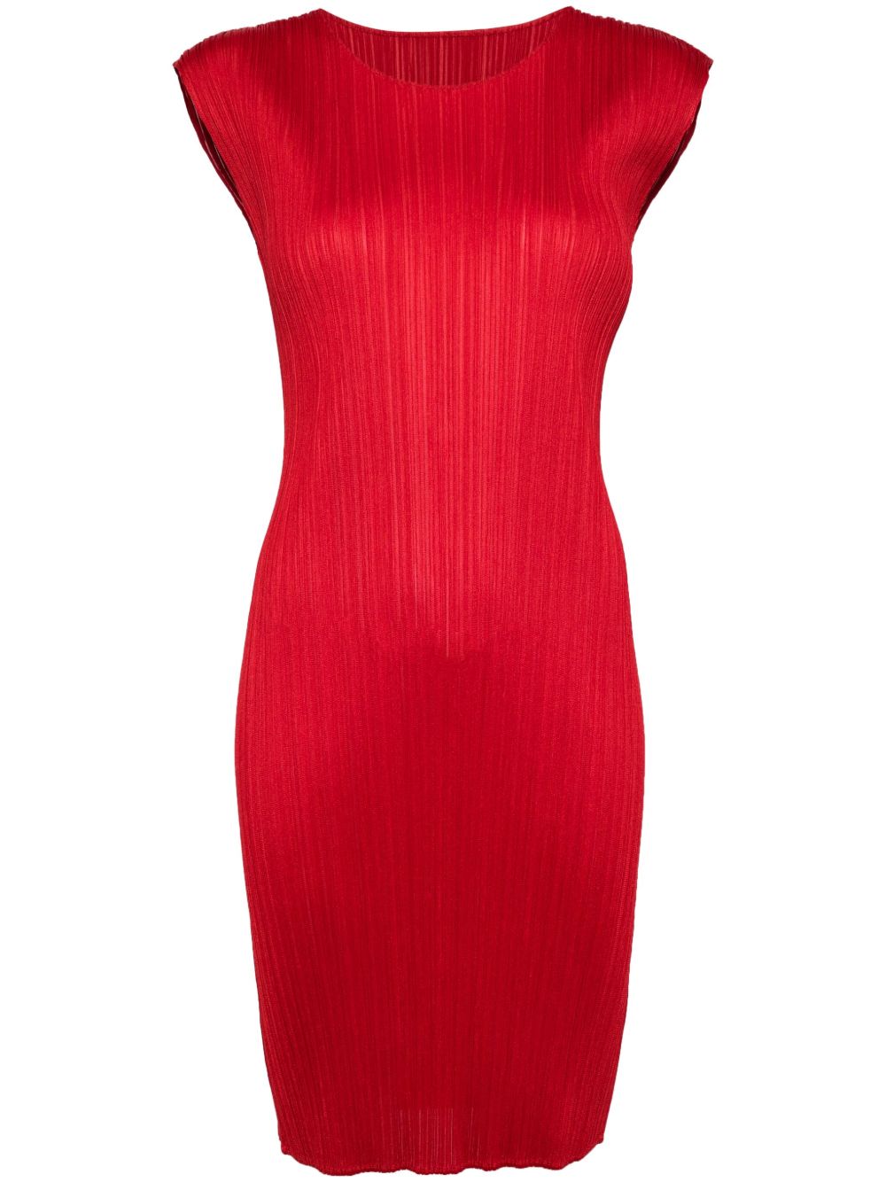 Pleats Please Issey Miyake 细褶效果圆领连衣裙 - 红色