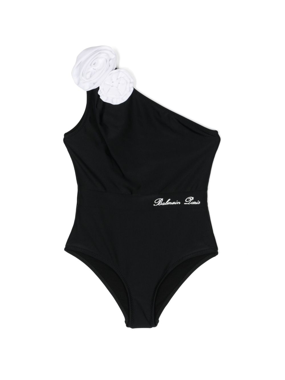 Balmain Kids 花卉贴花单肩连体泳衣 - 黑色