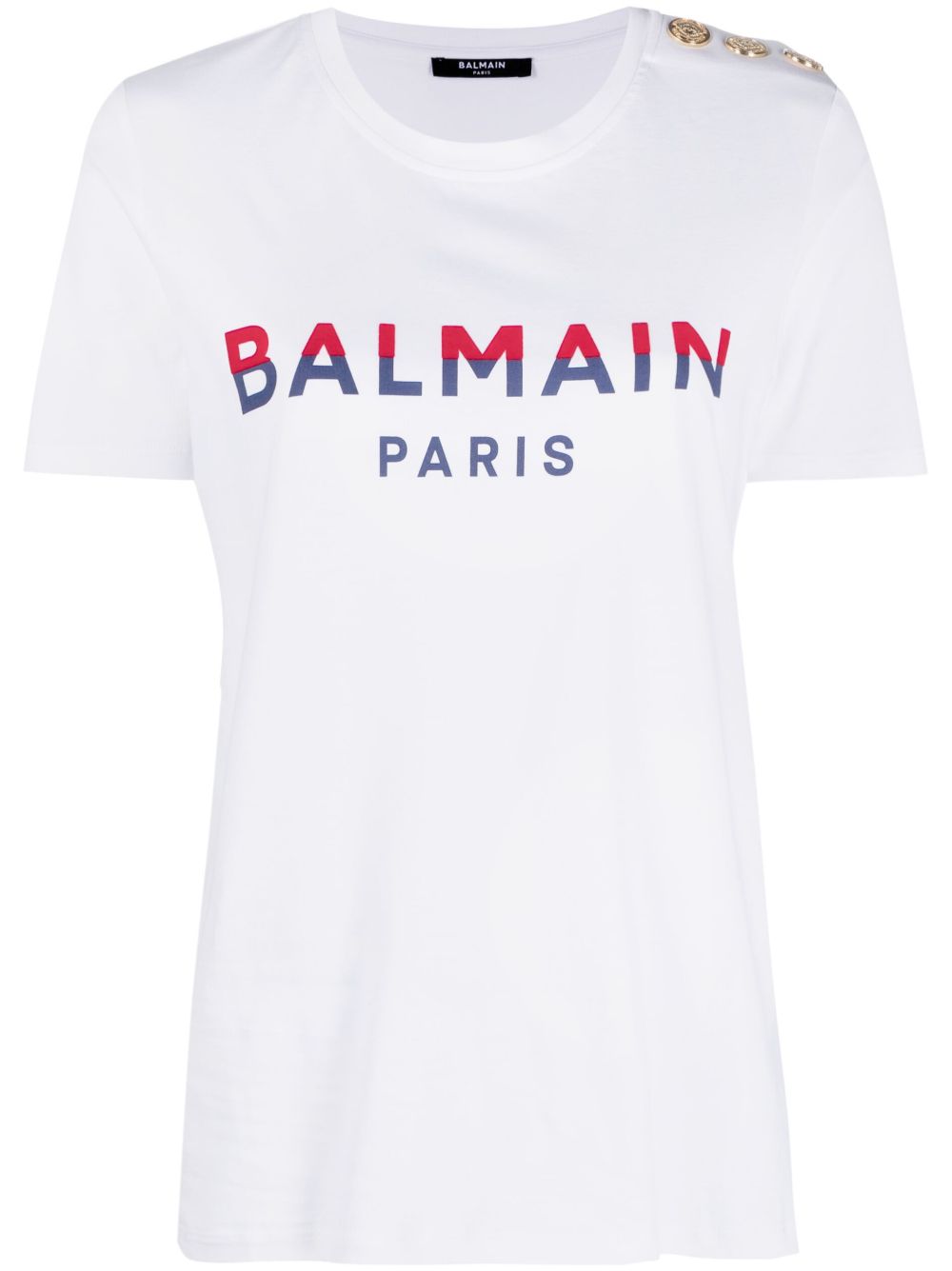 Balmain logo印花纽扣缀饰T恤 - 白色