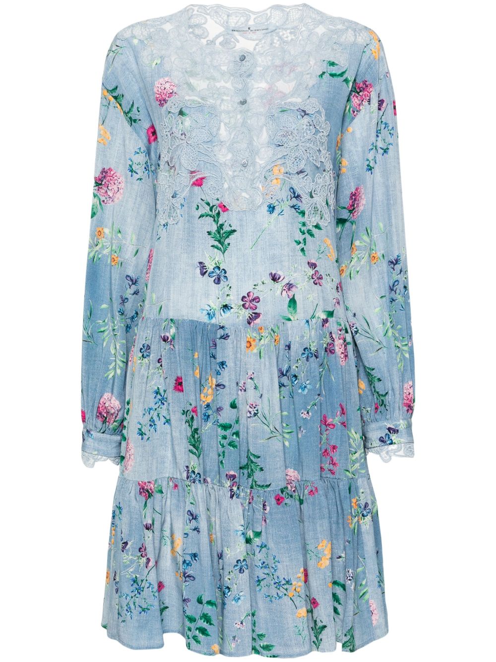 Ermanno Scervino 花卉印花真丝迷你连衣裙 - 蓝色