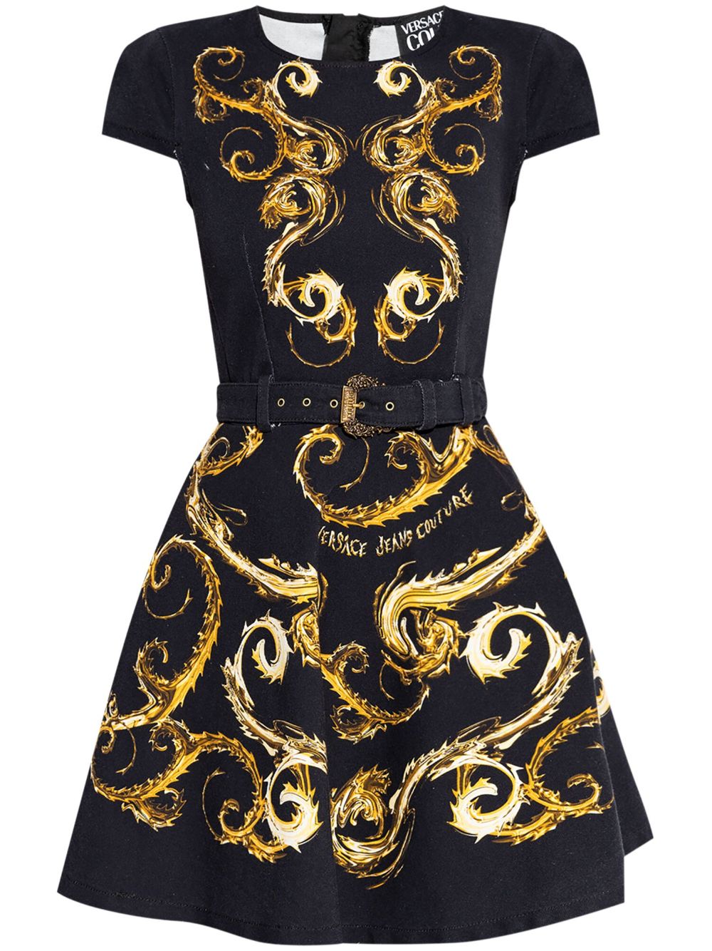 Versace Jeans Couture 巴洛克印花束腰连衣裙 - 黑色