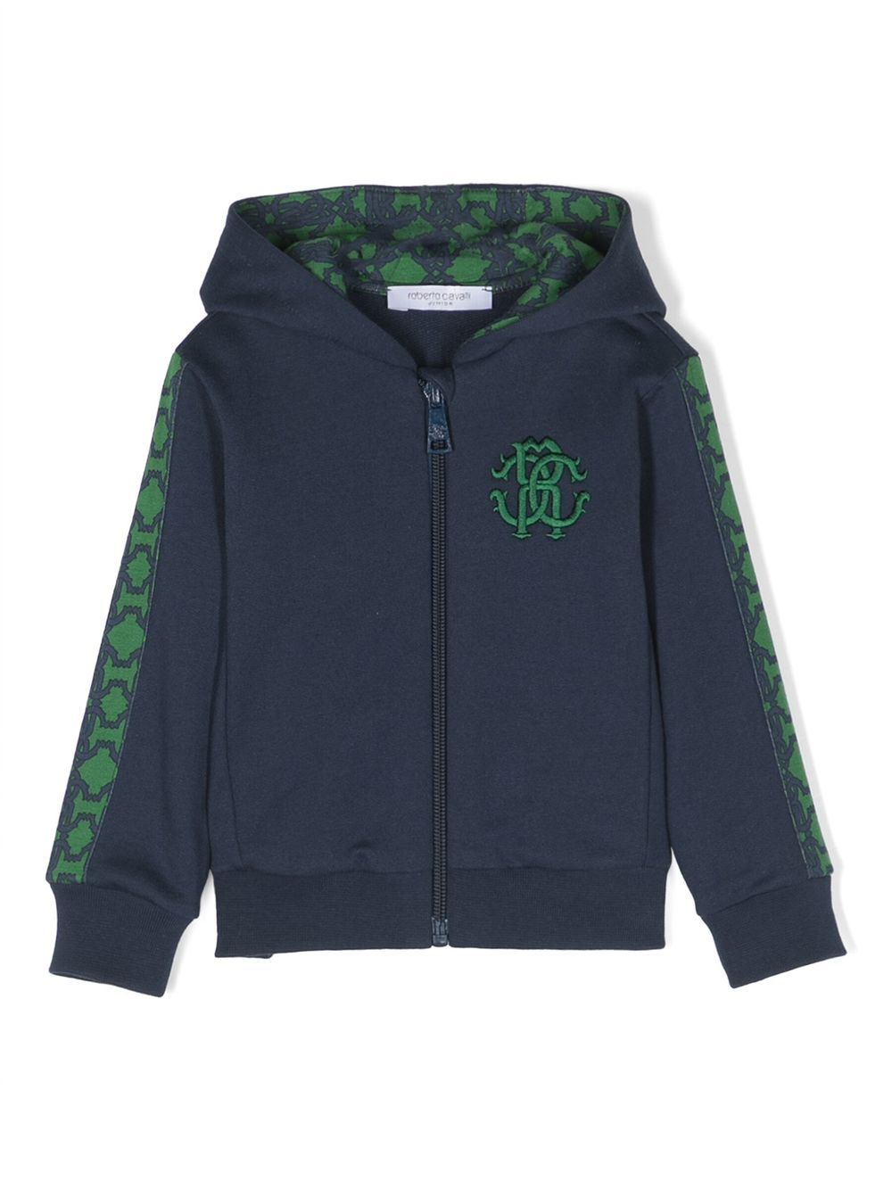 Roberto Cavalli Junior 经典logo织带拉链连帽衫 - 蓝色