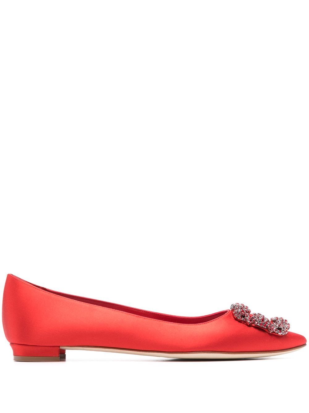 Manolo Blahnik Hangisi 晶饰扣环芭蕾平底鞋 - 红色