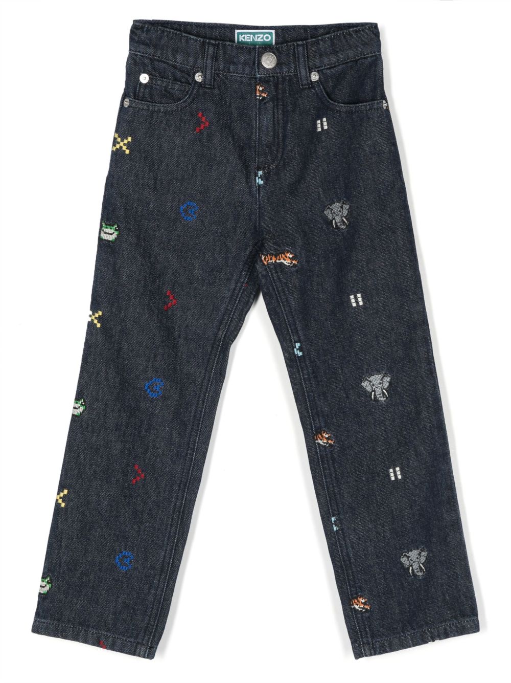 Kenzo Kids 刺绣直筒牛仔裤 - 蓝色