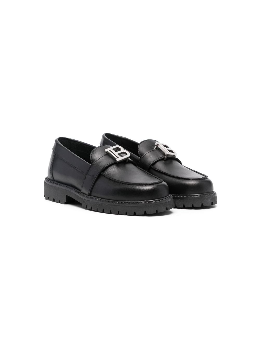 Balmain Kids logo标牌皮质乐福鞋 - 黑色